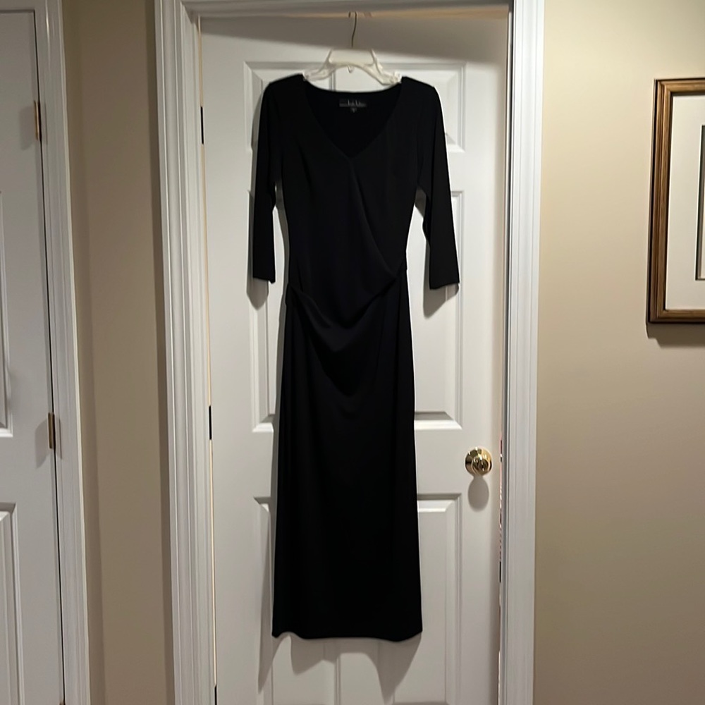 Nicole Miller black maxi dress with v neck front and ruching in front and back.